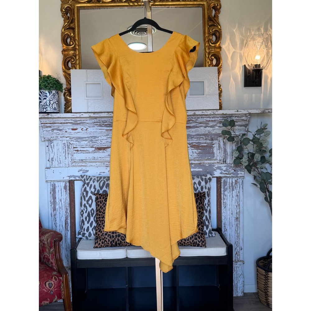 BCBGeneration Mustard Yellow Ruffle Deep V-Back Handkerchief Hem Dress Size 8 - Picture 5 of 6